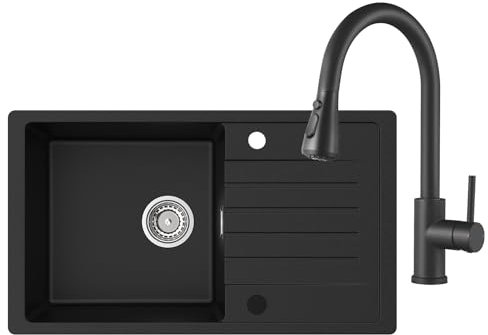 CECIPA Évier de cuisine noir 78 x 45 cm avec robinet extensible réversible en granit avec bonde et trop-plein, 1 bac encastrable à partir de 60 cm de largeur d'armoire, évier de cuisine avec robinet