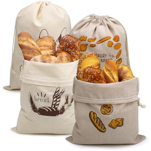 4 Pack Linen Bread Bags for Homemade Breads, 2 Sizes Reusable Food Storage Bags to Keep Breads Fresh, Cotton Bread Storage Bags with Drawstring