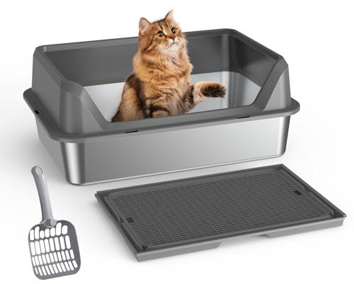 Euakee Bac à Litière en Acier Inoxydable avec Couvercle, Bac à Litière en Métal Extra Large XL pour Grands Chats, Conception Haute avec Pelle et Pédale, Anti-Fuite, Facile à Nettoyer (B)