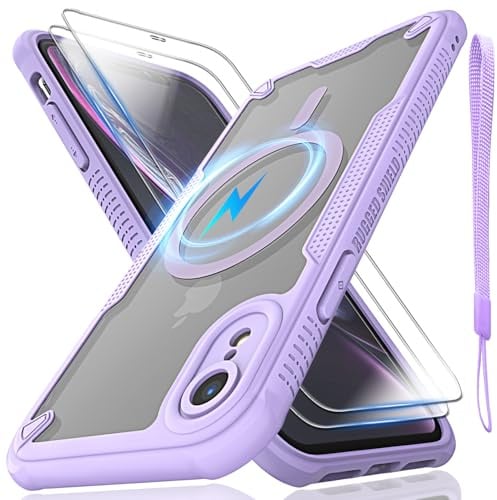 Htlhpxx for iPhone XR Magsafe Phone Case 6.1-inch-Purple | Translucent Matte Back with Magsafe Magnetic Slim Shockproof Protective Case and Lanyard Strap/2*9H Screen Protector