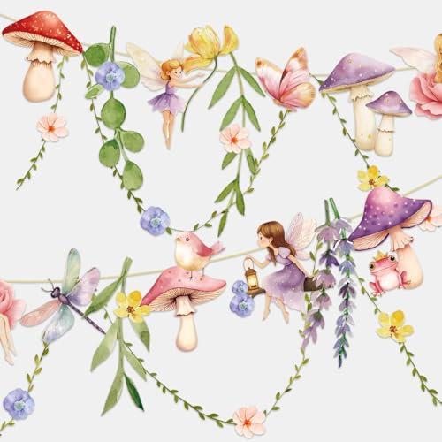Fairy Party Banner Fairy First Birthday Party Decorations Butterfly Mushroom Flower Garland Banner Paper Wildflower Banner for Baby Shower Wonderland Garden Tale Wedding Supplies