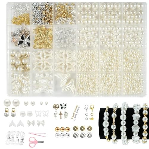 Weiße Perlen Set, Armbänder Selber Machen Perlen zum Auffädeln Weiße Perlen, Armband Set Selber Machen Geschenke für Mädchen Armbänder Charm Kit für DIY Armband Schmuckherstellung (DIY Set 2)
