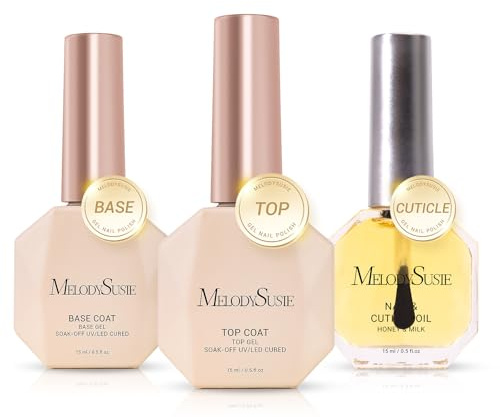 MelodySusie No Wipe Glossy Top Coat Base Coat Cuticle Oil Set | Long Lasting Shine Finish Soak Off UV LED Nail Lamp Nail Art Design Manicure Kit Perfect Gifts for Women Girls 3 Pcs 15ml