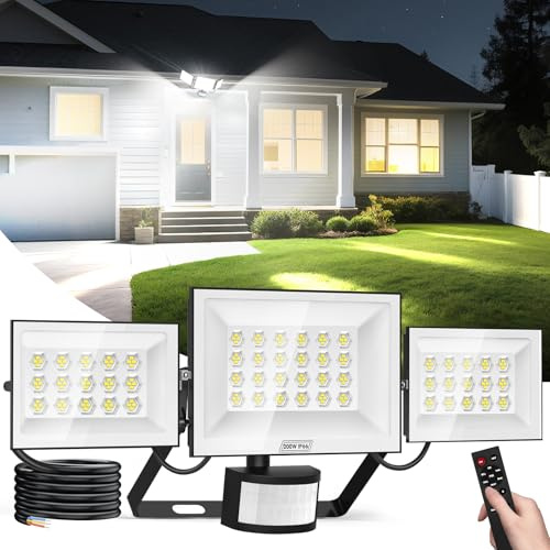 Viugreum 200w led strahler mit bewegungsmelder außen, 30000 LM led außenstrahler mit Fernbedienung, 6500K Drei-Kopf flutlichtstrahler außen, IP66 wasserdicht, 216 Wabenlampenperlen für Garage, Garten
