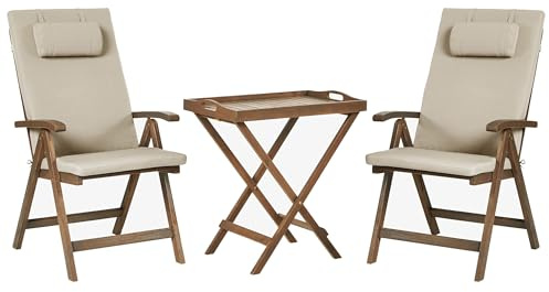 Beliani Rustic Garden Bistro Balcony Set Natural Solid Acacia Table 2 Chairs Folding with Taupe Cushions Amantea Premium