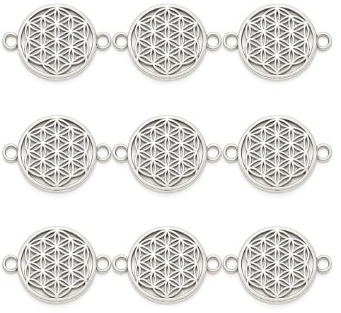 ONDEGO® 10 Stück Lebensblume Schmuckverbinder, 2 cm, Antik Silber, mit optionaler Nylonschnur und Bedeutungskarte mit Umschlag (10 Stk Lebensblume Verbinder)