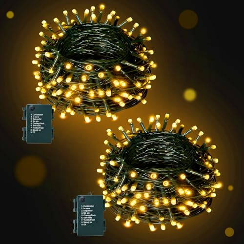 ZCLIKEU Lot de 2 guirlandes lumineuses à piles - 10 m - 100 LED - Blanc chaud - Minuterie et 8 modes - IP44 - Étanche - Décoration de Noël pour chambre, fête, mariage