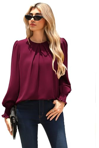 Kate Kasin Chiffon Bluse Damen Elegant Langarm Rundhals Plissee Tops | Festliche Bluse, Business casual bluse mit schlüsselloch knopfverschluss auf der rückseite