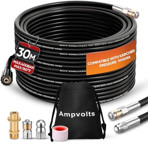 Ampvolts Rohrreinigungsschlauch 15m/30m – 400 bar / 5800 PSI, kompatibel mit Karcher K2–K7 Hochdruckreiniger, mit Adapter & 2 Düsen, Rohr- & Abflussreinigung