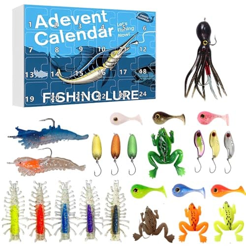 BDKMMS Angelköder-Set, 24 Stück Countdown-Weihnachtsangelkalender, Festliche Köder, Überraschungs-Angelbox für Männer