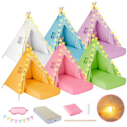 6 Pack Teepee Tent for Kids Sleepover Tent with 6 Air Mattresses (64x28), Star Lights, Eye Masks, Banners, Kids Teepee Tents for Boys Girls Indoor Outdoor Party Birthday Glamping (Colors)