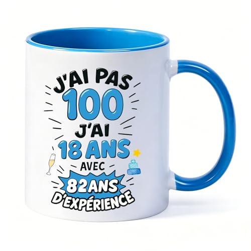 JOUWUI Mug à café Femme, 100e anniversaire cadeau tasse à café pour femme homme papa maman, Tasse Drôle J’ai Pas 100 Ans/J’ai 18 Avec 82 Ans d’Expérience, Tasse à café
