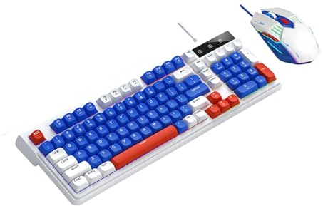 Bewinner TF610 RGB Gaming Keyboard & Mouse Combo | 98-Key Compact Layout, 7-Color Backlit, Multimedia Shortcuts, Wired USB for PC (White Blue)