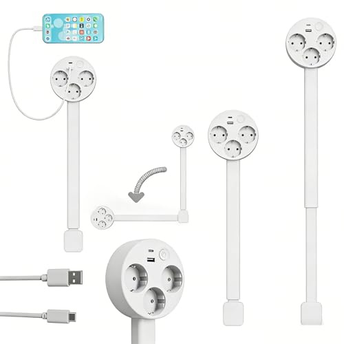 Extensor de Tomas de Corriente, Cuenta con Puertos USB-A, USB-C y 3 AC, Regleta Extensible Aproximadamente Entre 47,5 y 67,5 cm, Gira 180° para su Uso detrás de sofás, mesitas de Noche, escritorios