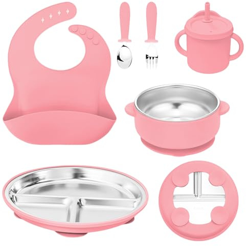 Guyisile Juego de Alimentación para Bebé de Acero Inoxidable Con Ventosa | Plato Dividido con Succión,Cuenco,Vaso con Pajita,Babero,Cuchara y Tenedor,Sin BPA,Desmontable,para la Autoalimentación