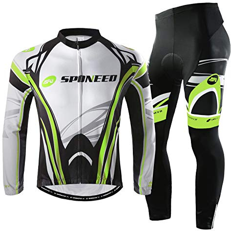 sponeed Fahrradbekleidung für Herren, langärmelig, Mountainbike, Rennrad, Trikots, gepolsterte Hose, Biking-Outfits, Weiß, Grün, lang, XX-Large