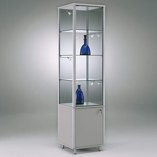 MHN Glasvitrine mit Rollen T 41,5 x B 41,5 x H 183 cm - schmale Ausstellungs-Vitrine mit Unterschrank abschließbar - Glas Vitrinenschrank - LED-Beleuchtung