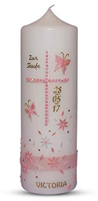 Taufkerze Kommunionkerze 25x8 cm für Mädchen Rosa Blümchen mit schmetterling und Kreuz