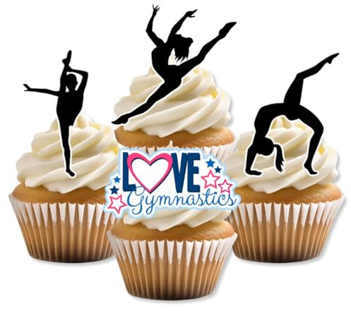 VORGESCHNITTENE Gymnastik-Kuchendekoration, essbare Cupcake-Topper mit schwarzer Silhouette eines Turnermädchens, Black Gymnastics 2 Zoll/5 cm (Packung mit 24)