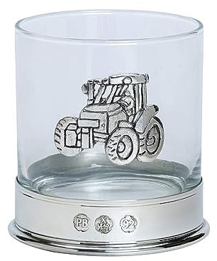 Farm Cottage Brands Lead Free pewterware Mounted 12oz Whisky Glass with a Tractor Emblem in a Presentation Box of 1 or 2 Glasses (1)