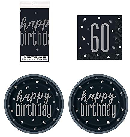 60th Birthday Black and Silver Glitz Tableware Pack for 16