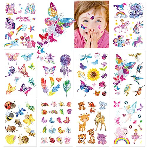 Tattoo Kinder Glitzer Temporäre Tattoos Cartoon Einhorn Schmetterling Wasserdicht für Mädchen und Jungen Festival Party Geschenk Mitgebsel Dekoration
