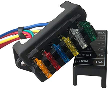 QitinDasen Premium KFZ 6-Fach Sicherungshalter, 2 Eingang 6 Ausgang Sicherungskasten, Universal Standard Blade Sicherungsblock, mit Draht und 10Pcs Standard Flachsicherung (12V/24V/32V/48V)