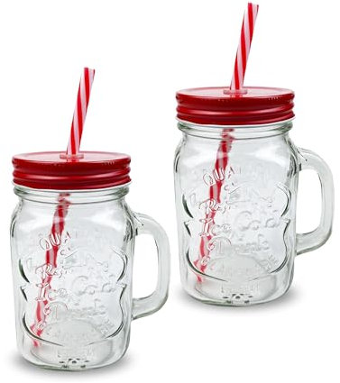 G4GADGET 2 X 500ml Glass Mason Drinking Jars Bottles Party Drink Glasses + Lids and Straws