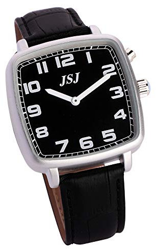 VISIONU Quadratische Deutsch Sprechende Armbanduhr mit Weckerunktion, Sprachfunktion Uhrzeit und Datum, Schwarz- Ziffernblatt, Schwarz Lederarmband TGSW-1713G