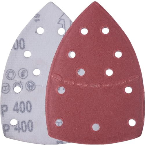 YoiYee 400 Grit Sanding Sheet Set, Mouse Detail Sander Sandpaper, Delta Triangular Sand Paper Pad, Hook and Loop Fastening, 11 Holes, Accessories for Multi-Sander, Red, 10 Pack