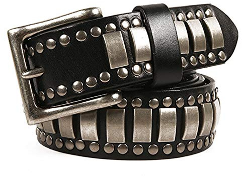 DFGGE Herren Damen Nietengürtel Im Punk Hip Hop Style Leder Gürtel Mit Nieten Und Legierung Dornschließe Ledergürtel 105Cm - 125Cm Kürzbar,Schwarz,105cm/waist:34~36