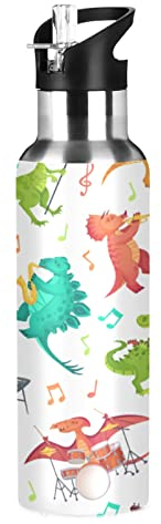Vnurnrn Mignon Bébé Dinosaure Musique Bouteille d'eau Isotherme avec Paille en Acier Inoxydable Gourde 600ML, Sans Bpa Gourdes Eau pour Enfant Sport Randonnée École Bureau