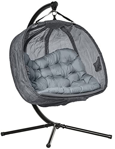 Outsunny Double Hanging Egg Chair 2 Seaters Texteline Swing Hammock Chair with Stand, Cushion and Folding Design, for Indoor and Outdoor, Grey