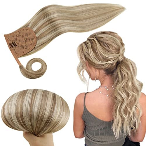 RUNATURE Pferdeschwanz Haarteil Echthaar Braun Highlight Blond 30cm 70g Echthaar Zopf Aschbraun mit Platinblond Glatt Echte Haare Kurz Ponytail Extensions Echthaar #8P60