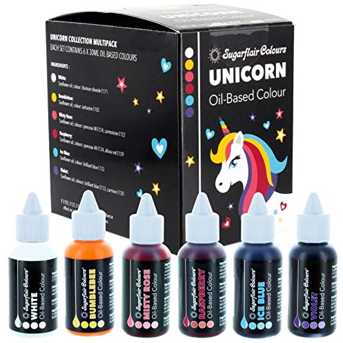 Sugarflair Oil Based Food Colouring, Unicorn Colours Set, Highly Concentrated Edible Oil Based Food Colour for Consistent Colouring of High Fat Foods: Icing, Buttercream, Chocolate & More - 6x 30ml