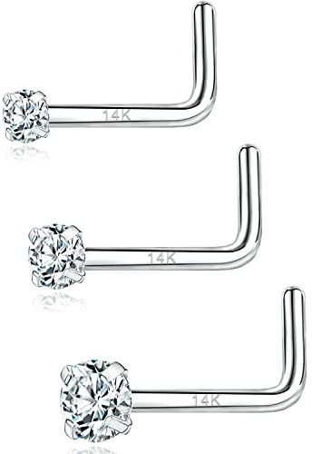 PunkTracker 20g 14K Echtgold Nasenringe CZ Simulated Diamond Nose Studs Hypoallergen Nostril Nose Piercing Schmuck für Damen Herren