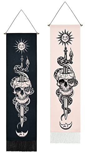 Uspring Wandteppich mit Totenkopf und Mond, Sonne, vertikaler Wandbehang, 2er-Set (schwarz und rosa, 32,5 x 130 cm)