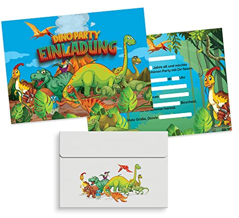 Dino Einladungskarten Kindergeburtstag 12 Stück und 12 bedruckte Dinosaurier Geburtstag Umschläge für Jungen Hochglanz einladungskarten Kindergeburtstag Junge Geburtstagseinladungen Jungen