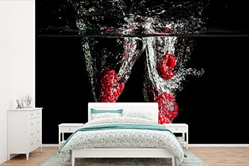 Selbstklebend Tapete Wandpapier Wandaufkleber Fototapete Tapeten Wanddeko 600x400 cm Himbeeren - Obst - Stilleben - Wasser - Schwarz - Rot