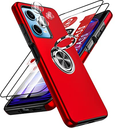 LeYi Hülle für Xiaomi Redmi Note 12 Pro 5G/Poco X5 Pro 5G Handyhülle kompatibel mit 2*Panzerfolie & 2*Kamera Folie, TPU+PC Militärschutz Hybrid Schutzhülle mit 360° Ring Ständer Stoßfest Rot