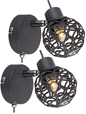 Wandlampe Schlafzimmer Bettlampe schwarz Leselampe Wohnzimmerleuchte mit beweglichem Spot, Metall, schwarz, 1x G9, BxH 8x13 cm, 2er Set