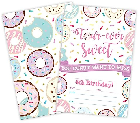 Sweet Donut Geburtstagseinladungen, viermal süße Party-Einladungskarten (20 Stück) mit Umschlägen, zum Ausfüllen, stilvolle Einladungskarten für Jungen und Mädchen, Geburtstagsparty-Zubehör, C05