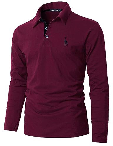 KUNJLELP Men's Regular-Fit Polo Shirt Long Sleeve Giraffe Embroidere Golf Polos 100% Cotton,Red,XL