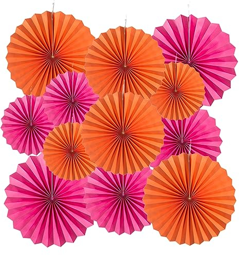 MOWO Hot Pink and Orange Paper Fans Wall Decoration Background Ceiling Hanging Decoration for Fall Autumn Thank's Giving Baby Shower Graduation Birthday Theme Party Decoration, 12pc