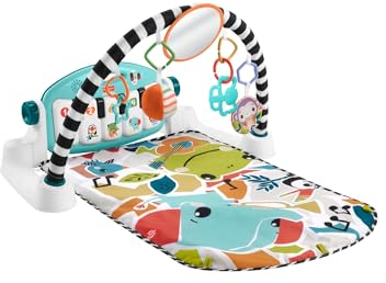 Fisher-Price Kontrast Kick & Play Pianospieldecke für Babys, Spielspaß Pianospieldecke, tragbares Musikspielzeug mit Smart-Stages-Lerninhalten, ab 0 Monaten, blau, italienisch Version, HWY53