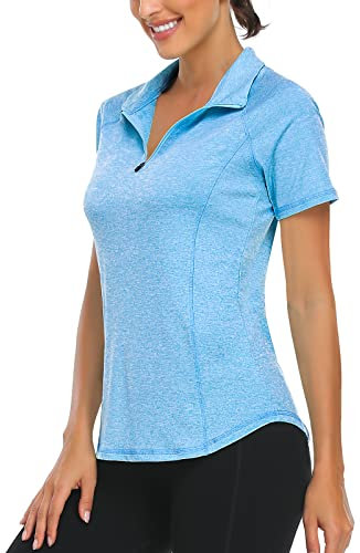 Workout Tops for Women UK, Ladies Golf Tops Womens Short Sleeve Polo Shirts Ladies Sports Tops 1/4 Zip Up Shirts Ladies Sun Protection Tops Light Blue