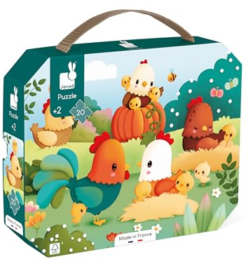 Janod - Puzzle Willkommen auf dem Hühnerhof - 20-teiliges Puzzle aus FSC-Pappe - Lernspiel - Fördert Geduld und Handgeschicklichkeit Ab 24 Monaten, J03320, grün