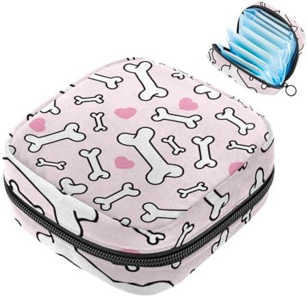 Damenbinden-Aufbewahrungstasche, Knochen und rosa Herzen, große Menstruationstassen-Tasche mit Reißverschluss, Periodeneinlagen, Tasche, Aufbewahrung, Slipeinlagen, Tampons für Mädchen und Frauen
