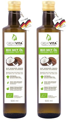 GreatVita Bio MCT Aceite a base de aceite de coco, 2 x 500 ml, 60% ácido caprílico (C8) y 40% ácido cáprico (C10), ácidos grasos 100% puro MCT Oil insípido, sin azúcar, sin OGM