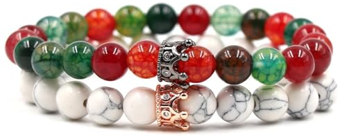 Wycian Buntes Armband, Armkette Damen Edelstahl Perlen Tigerauge 2er Tigerauge Türkis Krone Stretch 19cmx8mm Naturstein für Jahrestag